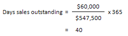 Days sales outstanding = $60000 divided by $547500 times 365 which = 40