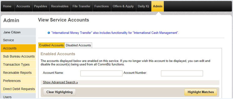 Edit service accounts page in CommBiz with the enabled accounts tab selected and a chosen account highlighted.