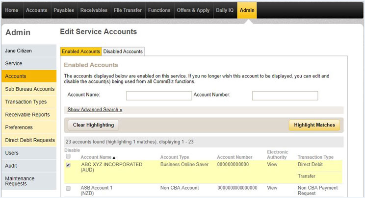  View service accounts page in CommBiz with the enabled accounts tab selected.