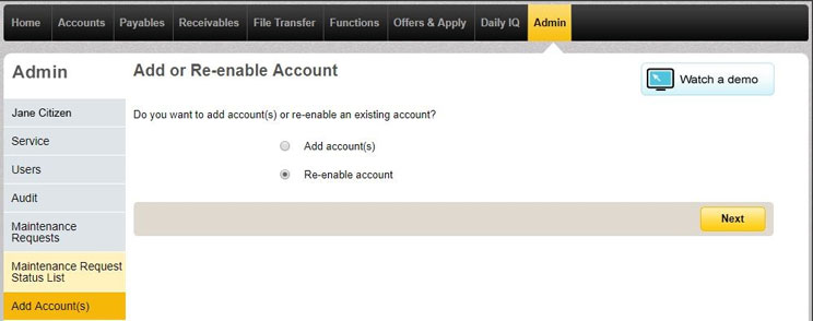 Add or re enable account page in CommBiz under the admin tab with the re enable account button selected.