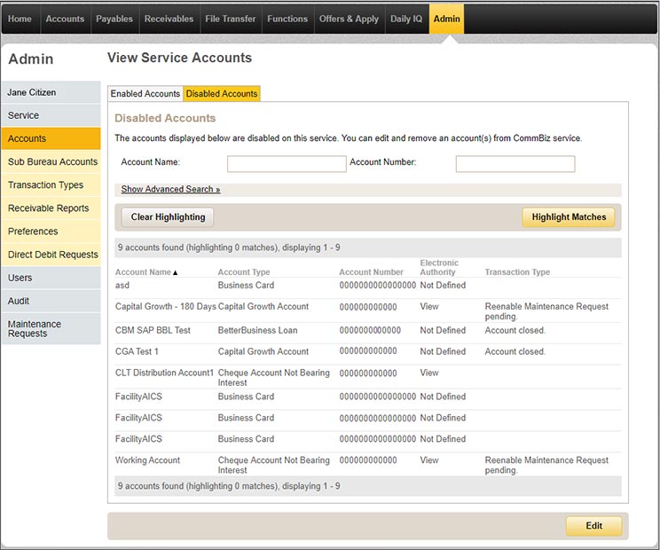  View service accounts page in CommBiz under the admin tab with the disabled accounts tab selected.