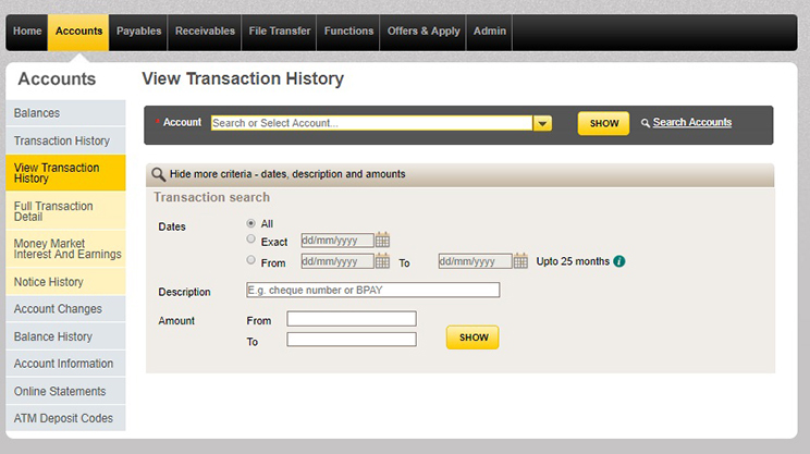 The view transaction history window in CommBiz once you've logged on.