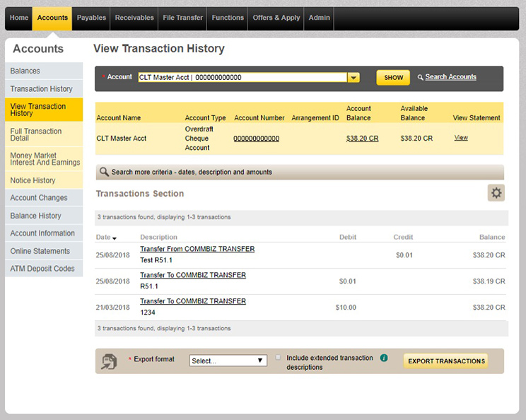 Once you've chosen the account you'd like to view transaction history for, transactions will be displayed.