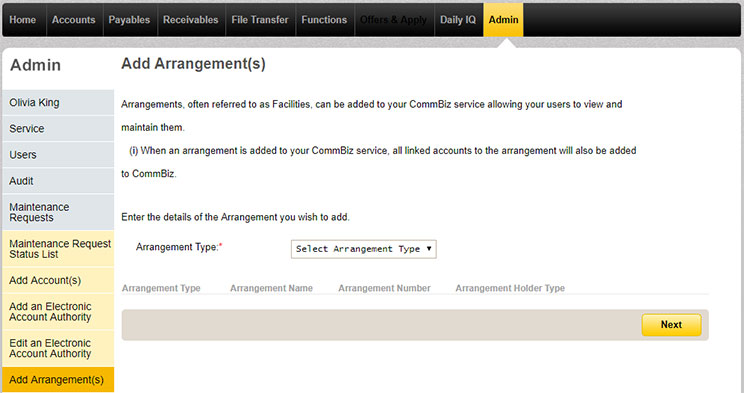 The add arrangements page under the Admin tab in CommBiz
