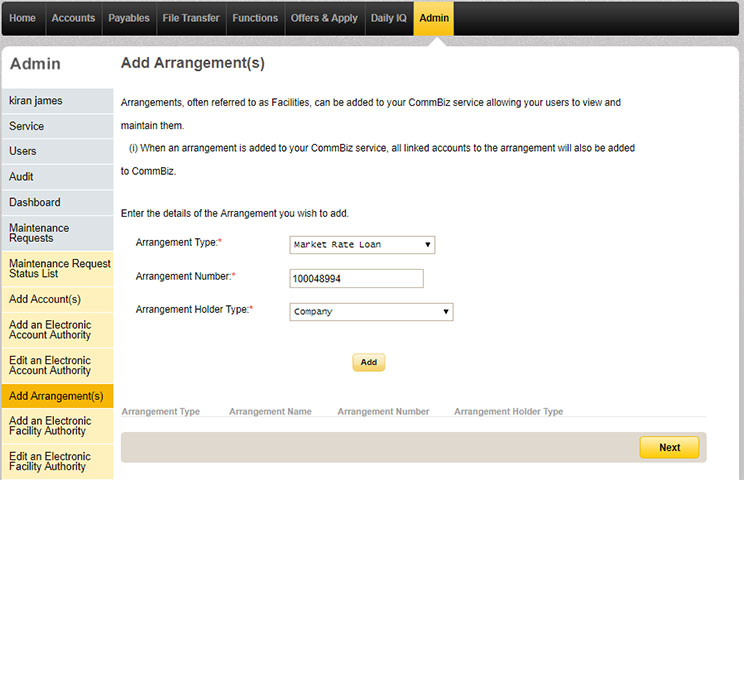 The add arrangements page under the Admin tab in CommBiz with details of the arrangement being added, entered