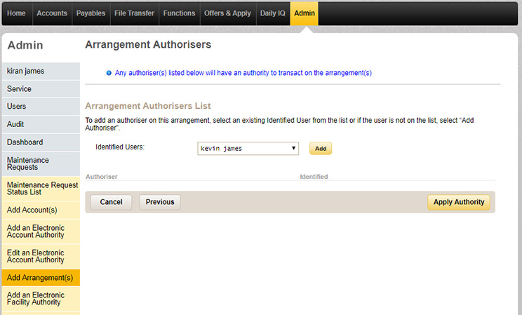 The arrangement authorisers page in CommBiz under Admin where you can add identified users as authorisers for the arrangement.