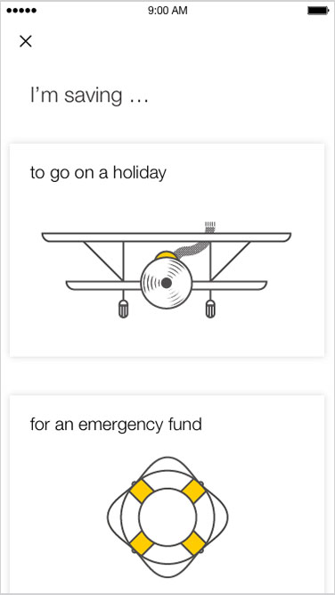 Screenshot: "I'm saving..." options are for a holiday, emergency fund etc