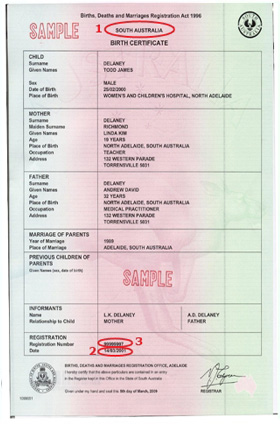 Sample birth certificate South Australia