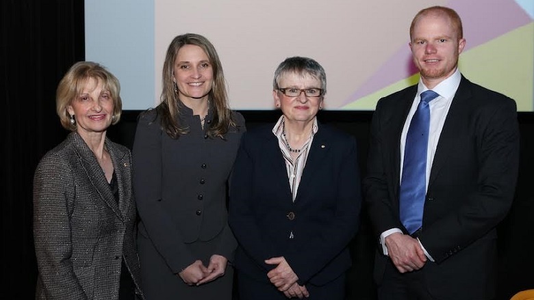 Kelly Bayer Rosmarin, Group Executive of Institutional Banking and Markets, Commonwealth Bank (second left), with Jillian Segal, Chairman of the John Monash Foundation (far left), Justice Virginia Bell (second right) and David Hume, barrister and former John Monash Scholar, at the 2016 General Sir John Monash Oration in Sydney on 4 August 2016.