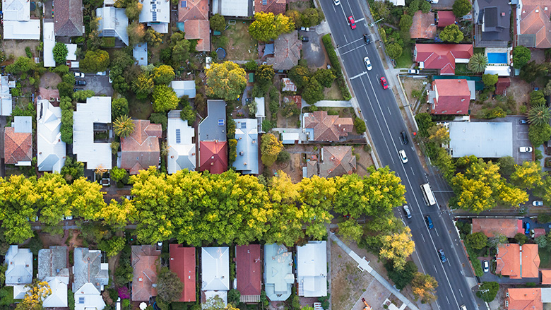 aerial shot of Australian suburb 