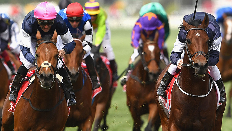 Corey Brown rides Rekindling to victory in the 2017 Melbourne Cup. 