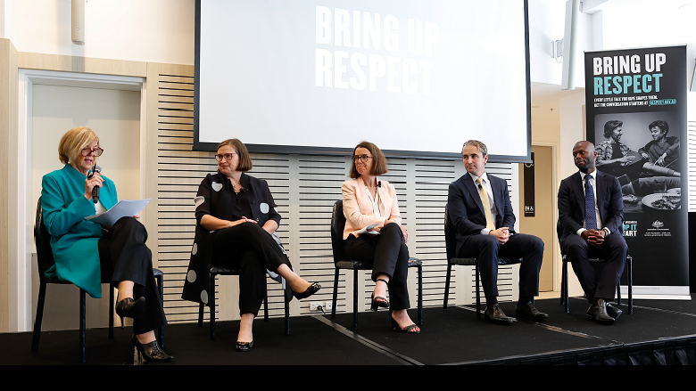 Left to right: Our Watch Board Director, Kerry Chikavoski; Sex Discrimination Commissioner, Kate Jenkins; Senator the Hon Anne Ruston, Minister for Families and Social Services and Minister for Women’s Safety; CommBank CEO, Matt Comyn; former Australian football player and CEO of Committee for Adelaide, Bruce Djite.