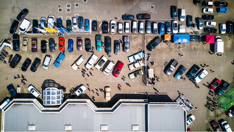 Aerial shot of factory and carpark