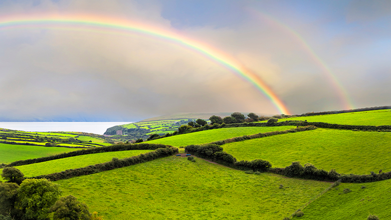 Image of rainbow over Irish fields