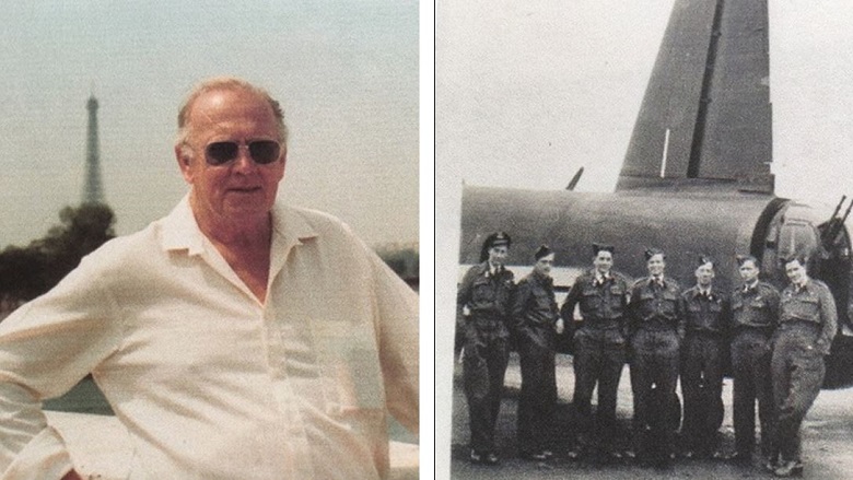  Bill revisiting France (left) and with his crew during the war