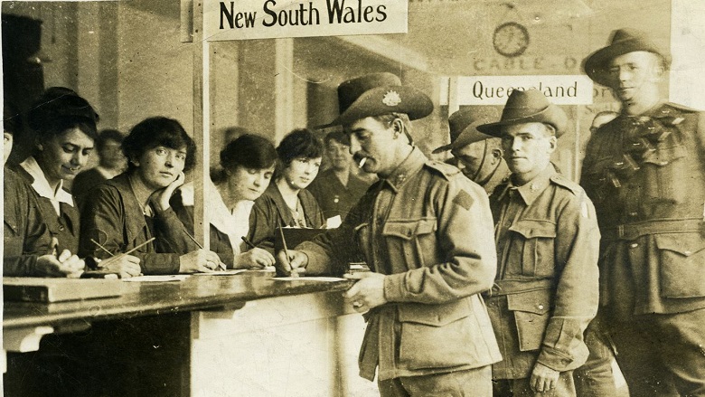 women and soldiers in branch
