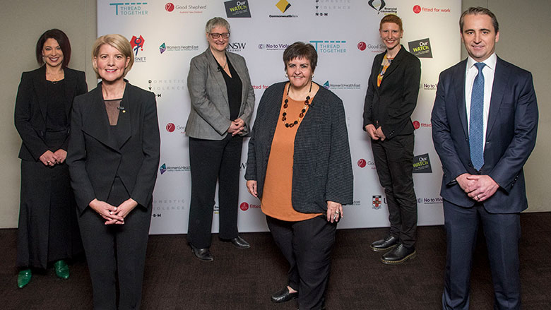 Catherine Fitzpatrick (CBA), Natasha Stott Despoja (Our Watch), Sian Lewis (CBA), Prof Jan Breckenridge (UNSW), Renata Field (Domestic Violence NSW) and Matt Comyn (CBA)