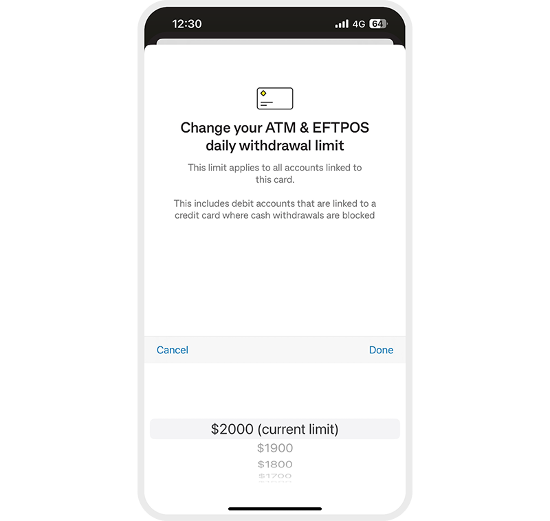 CommBank app displaying ATM & Eftpos Daily withdrawal limit