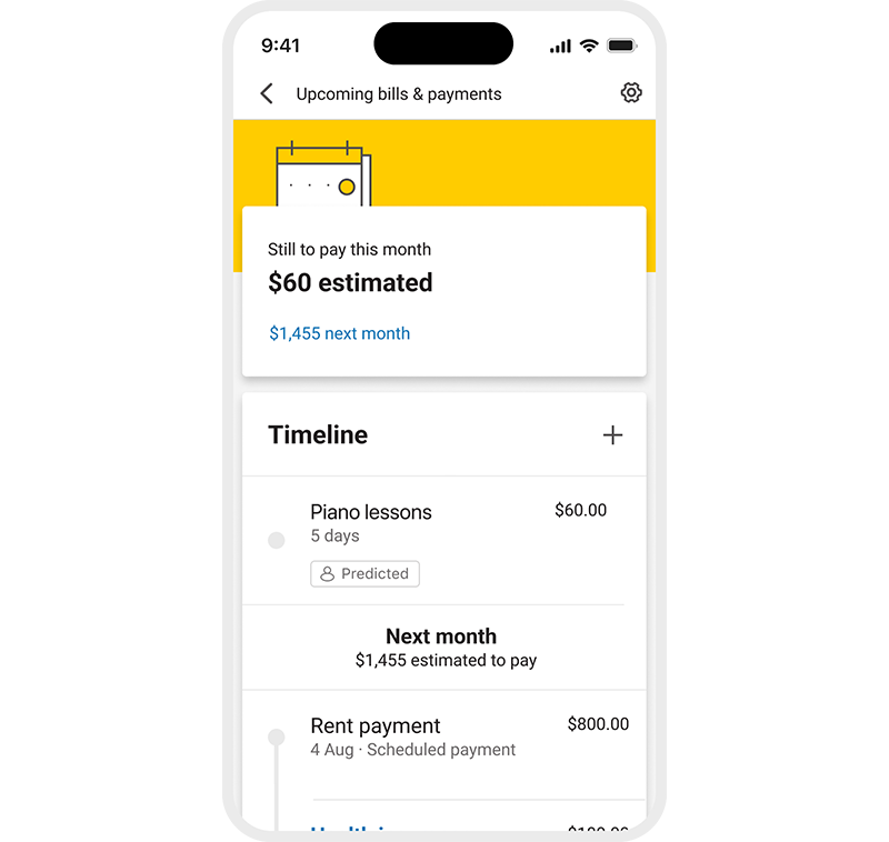 CommBank app showing Upcoming Bills and payments