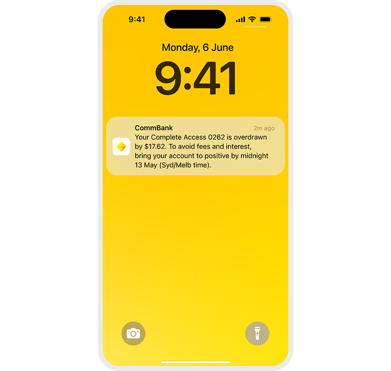 iPhone notification showing Complete Access account is overdrawn by $17.62