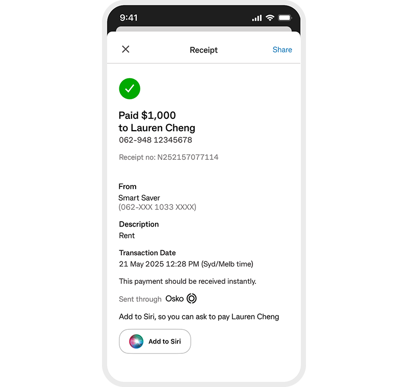 Payment receipt with ‘add to Siri’ icon displayed