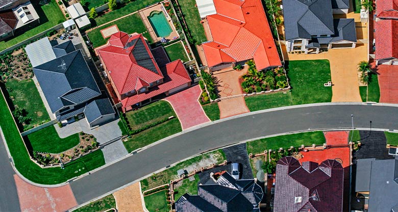 Aerial view of houses and street