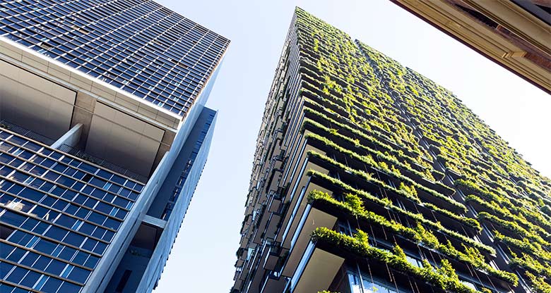 Looking up at apartments from the street