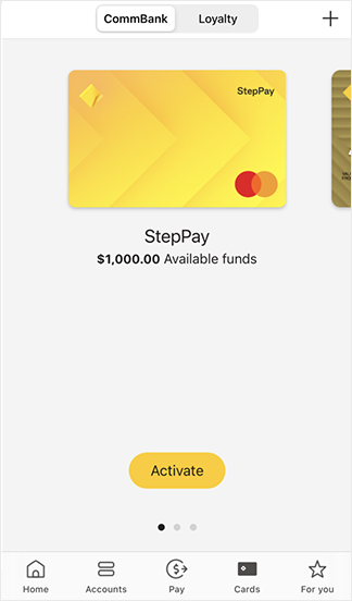 App screen showing StepPay card and 'Activate card' button