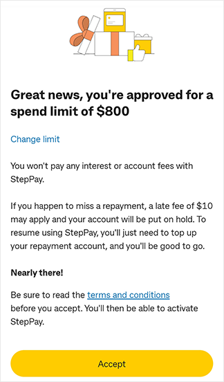 App screen showing the spend limit and an 'Accept' button