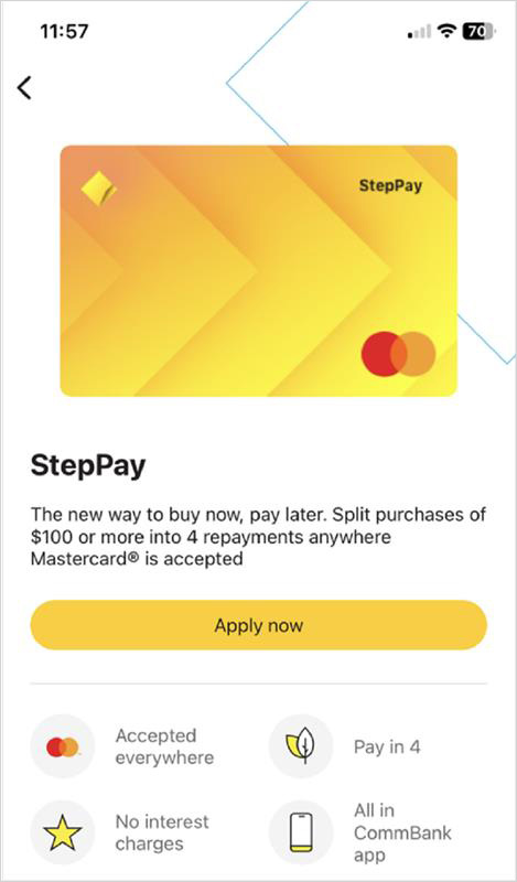StepPay Apply button in the CommBank app