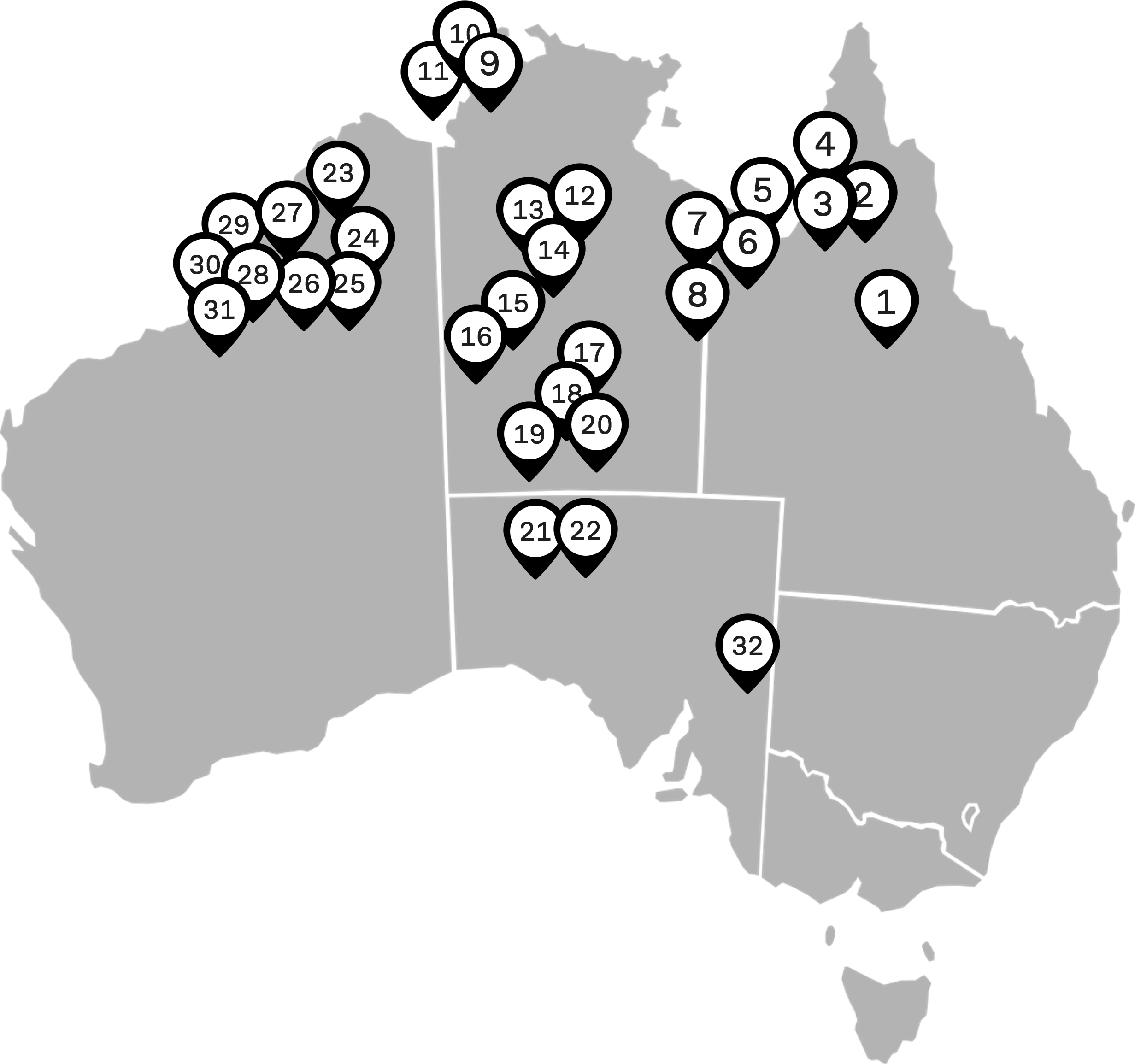 Australia map showing numbered locations