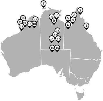 Australia map showing numbered locations