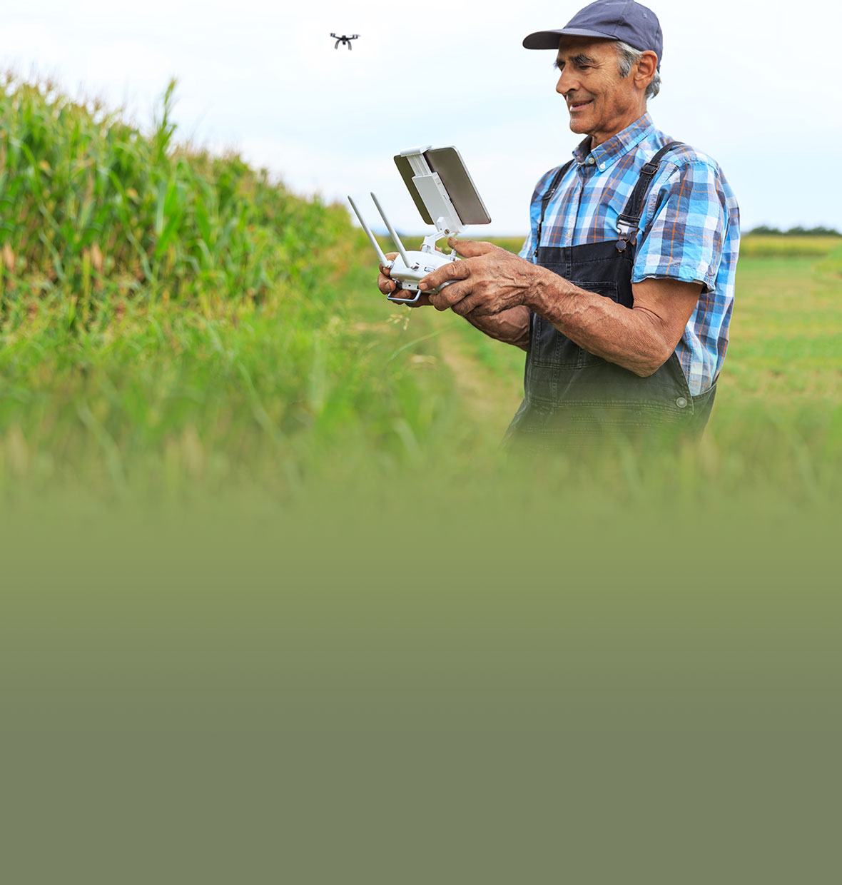 Man in a field with a remote flying a drone 