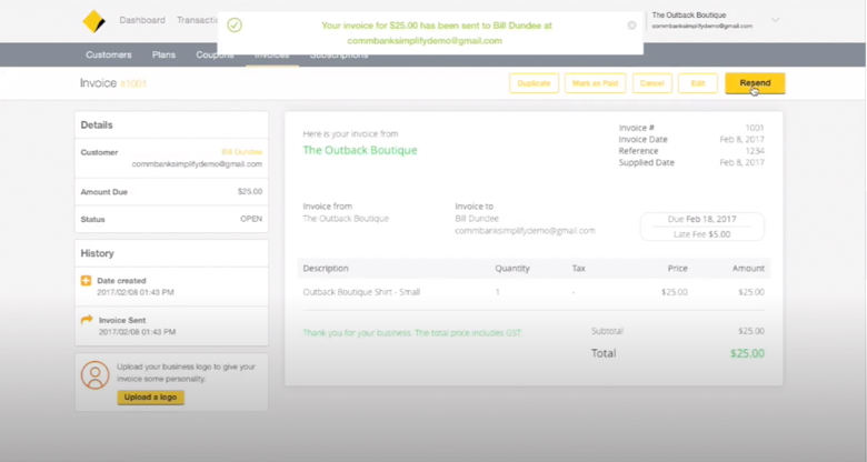 Screenshot of the CommBank Simplify invoicing page