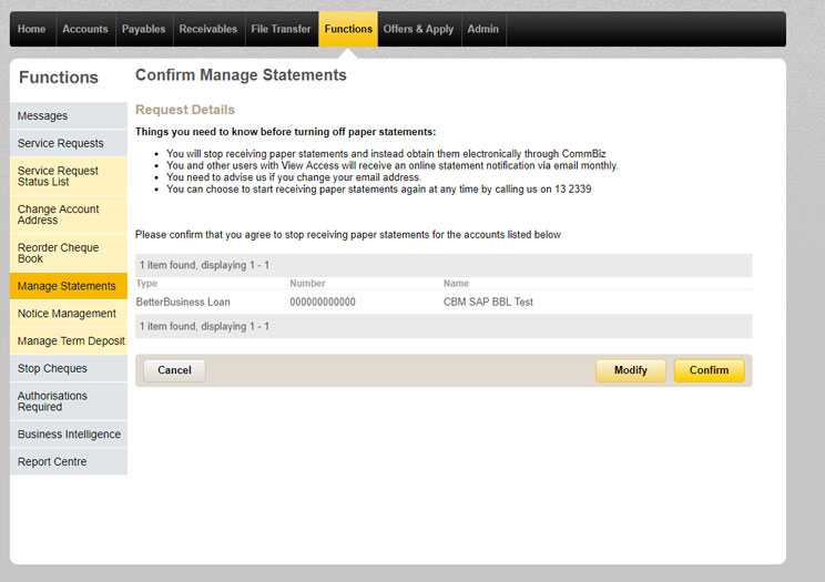 Confirm manage statements page in CommBiz.