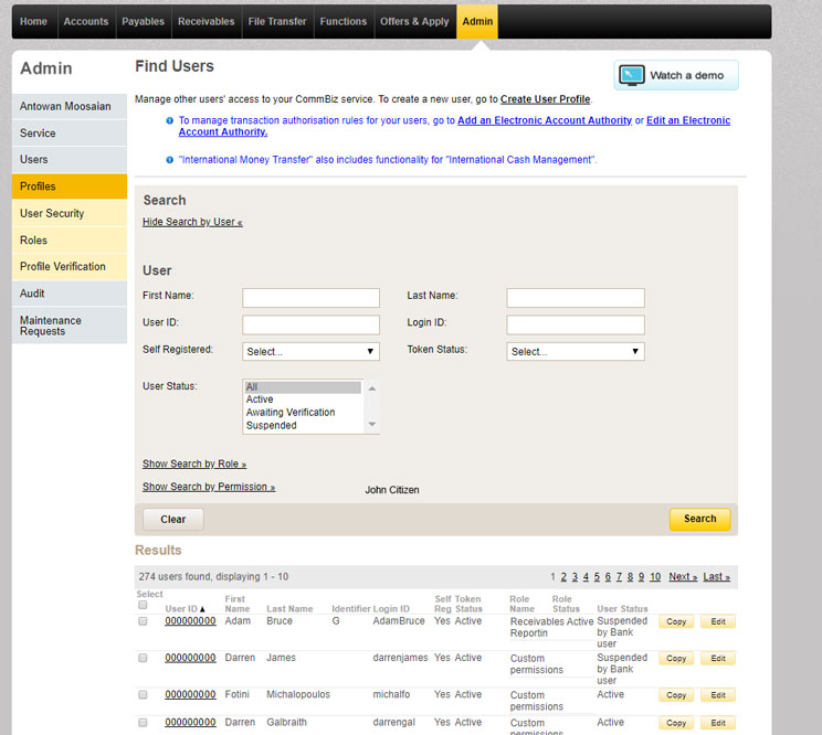 Find users page in CommBiz which shows all users on the service.
