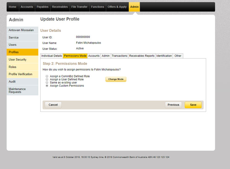 The permissions mode tab, second from left is open, showing permissions modes in the profiles section of CommBiz under the admin tab.