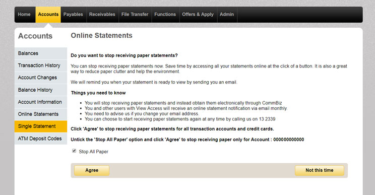 Online statements page from the accounts menu in CommBiz.