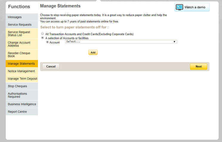 Manage statements page in CommBiz.