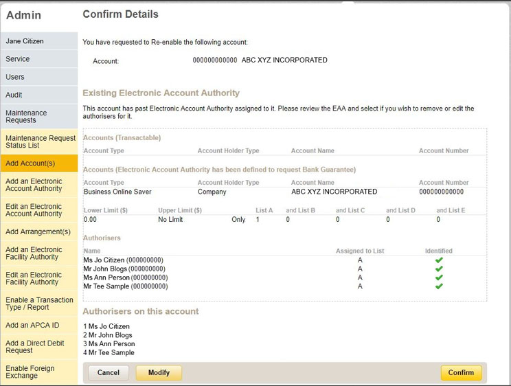 The confirm details page in CommBiz under add accounts with account details and authorisers listed.