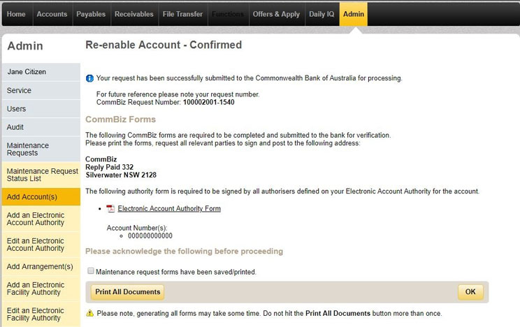 The confirmation page for re enabling accounts that shows all details and forms you need to print off.