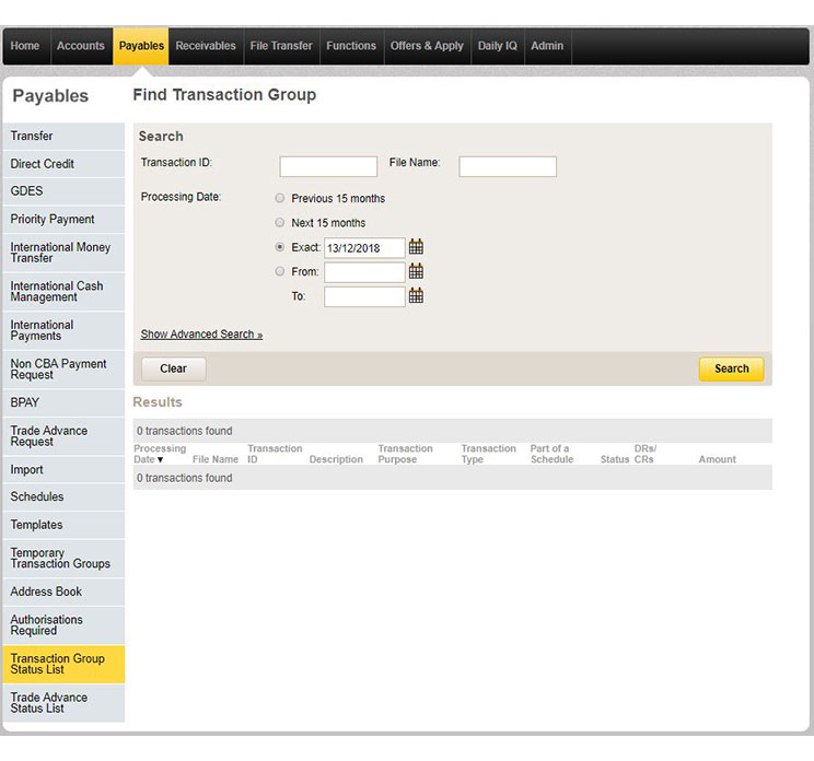 Search window for finding a transaction group in CommBiz