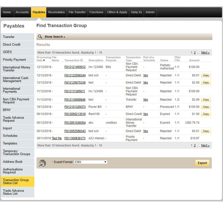 Results from a search for transaction groups in CommBiz that show the transaction ID, type of transaction and dollar amount