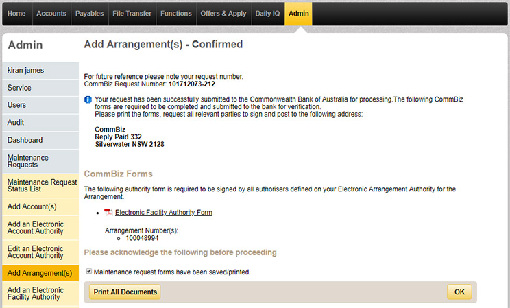 The confirmation page once arrangements have been added to CommBiz.