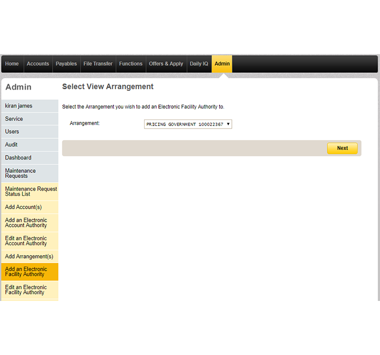 The view arrangement page under Admin in CommBiz that shows a drop down list of arrangements for the service.