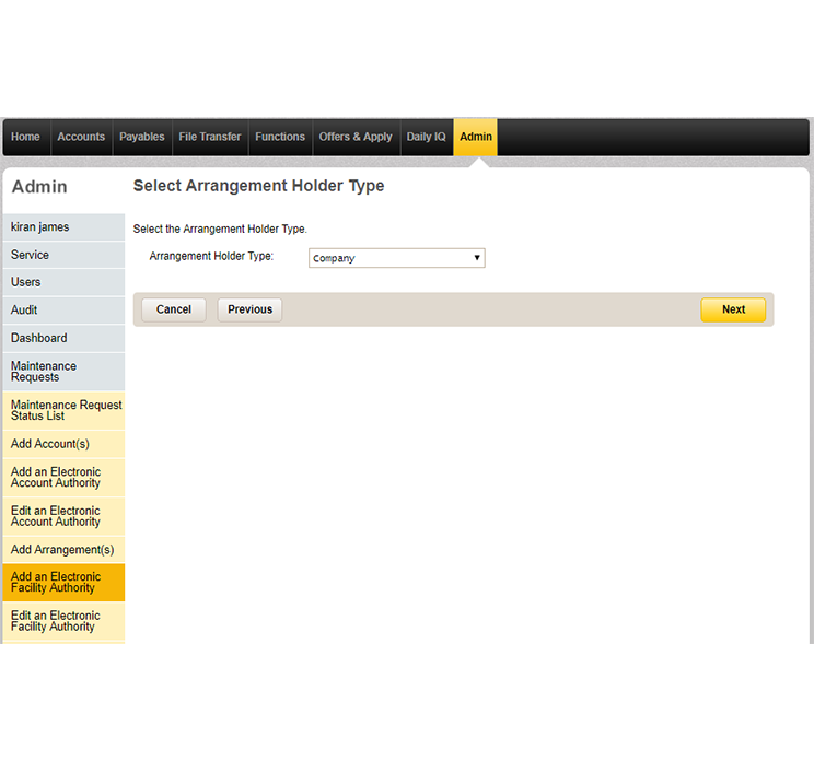 The select arrangement holder type page under Admin that shows the type of arrangement holders in a drop down menu.