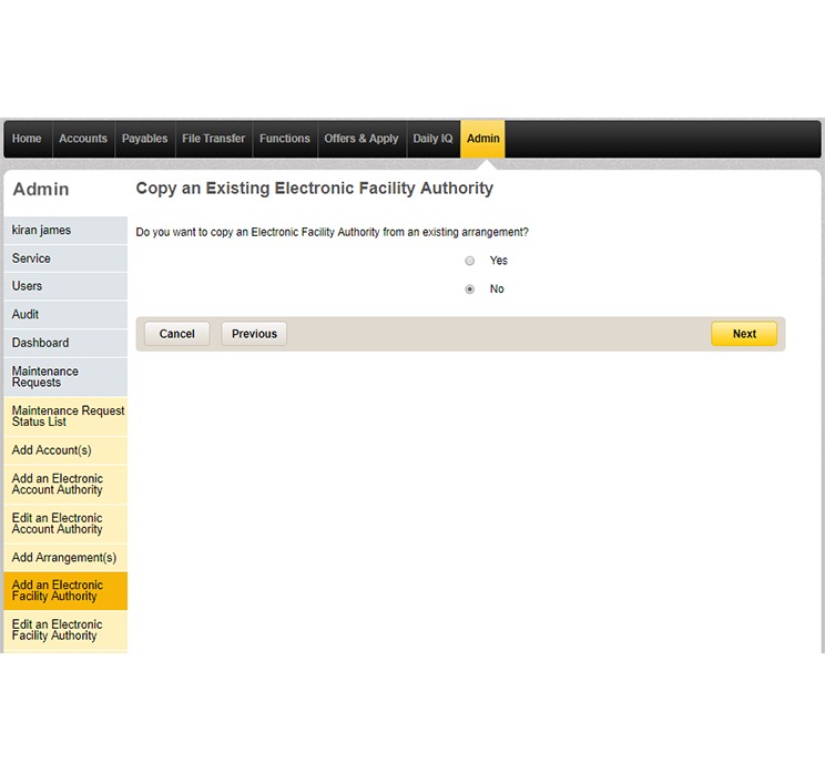 The copy an existing electronic facility authority page in CommBiz that lets you choose how you'd like to give authority to arrangements.