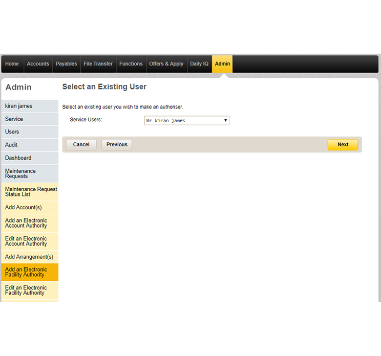 The select an existing user page in CommBiz that lets you choose who will authorise transactions on the arrangement you've added.