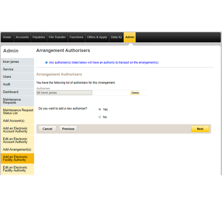 The arrangement authorisers page which summarises users you have chosen to authorise transactions.