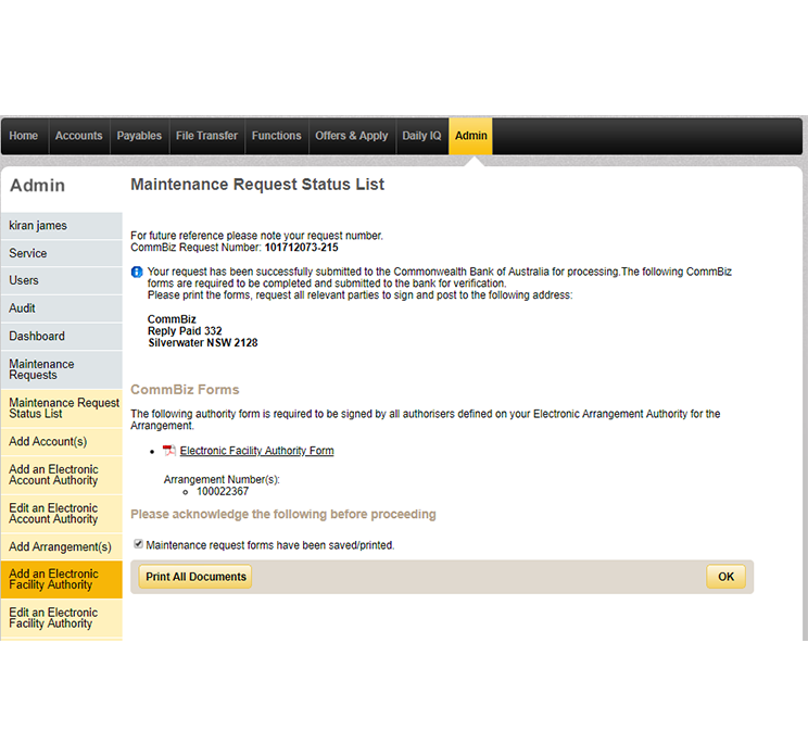 The maintenance request status list page gives you confirmation of your request and further details as well as a link to download authority forms